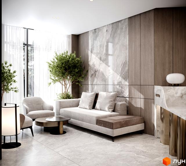 Інтер'єр зони відпочинку в ЖК Резиденція Бойківська з диваном, кріслом та журнальним столиком. Зелені рослини додають свіжості простору.