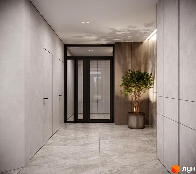 Сучасний дизайн холу житлового комплексу Резиденція Бойківська з великими дверима та рослиною в горщику.