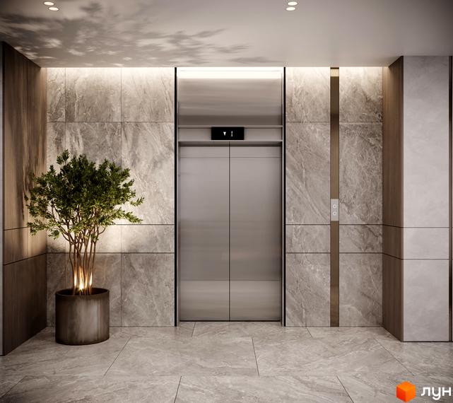 Сучасний ліфт у вестибюлі житлового комплексу Резиденція Бойківська з мармуровою обробкою стін та елегантною рослиною в горщику.
