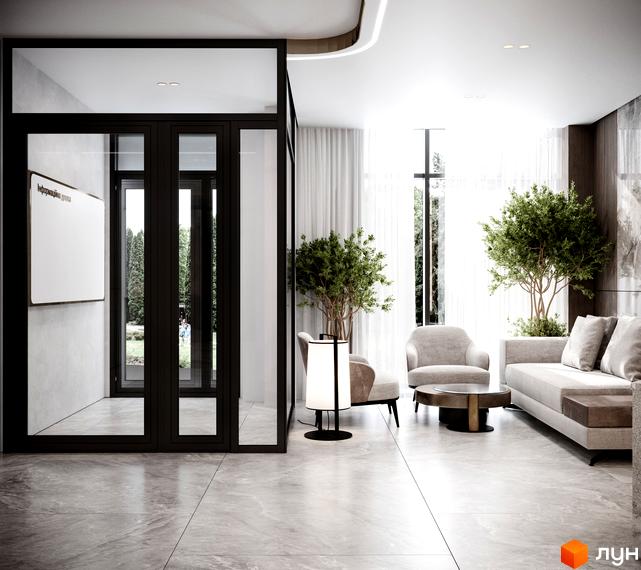 Інтер'єр лобі житлового комплексу Резиденція Бойківська з великими вікнами та зеленими рослинами. Сучасні меблі та оздоблення створюють затишну атмосферу.