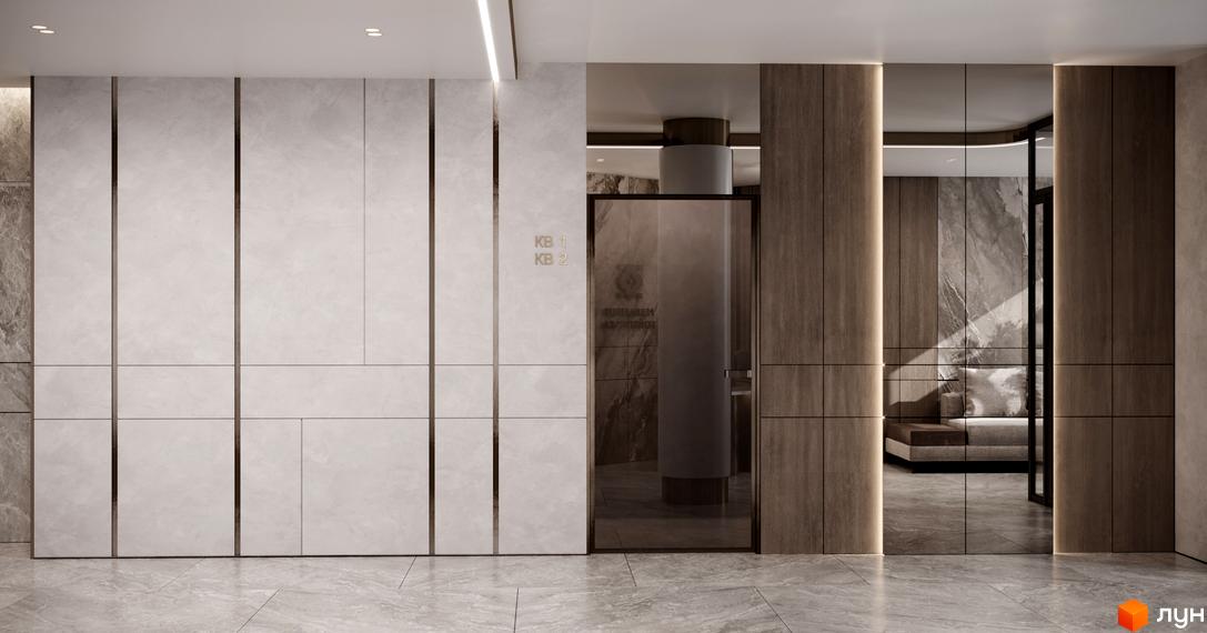 Житловий комплекс Резиденція Бойківська. Сучасний дизайн вхідної групи з мармуровими та дерев'яними панелями, скляними дверима та підсвічуванням.
