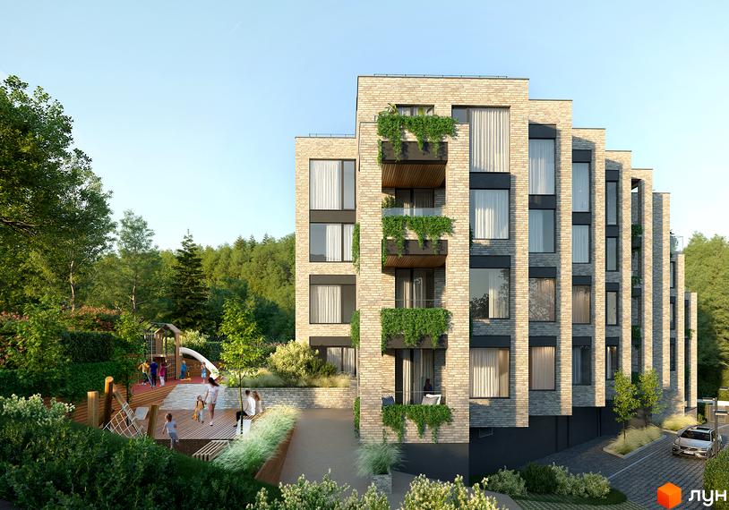 Житловий комплекс Резиденція Бойківська з цегляним фасадом, балконами з зеленню та дитячим майданчиком.