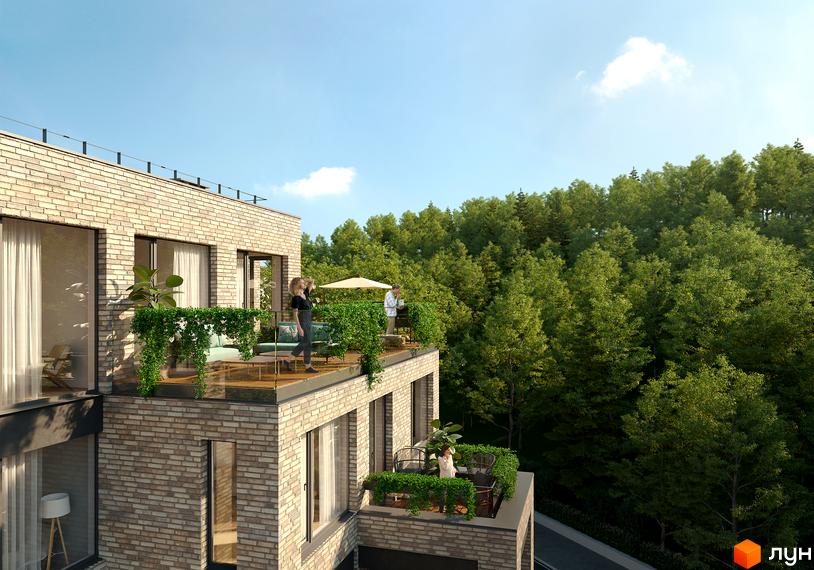 Житловий комплекс Резиденція Бойківська з цегляним фасадом та просторими терасами, оточений зеленню дерев.