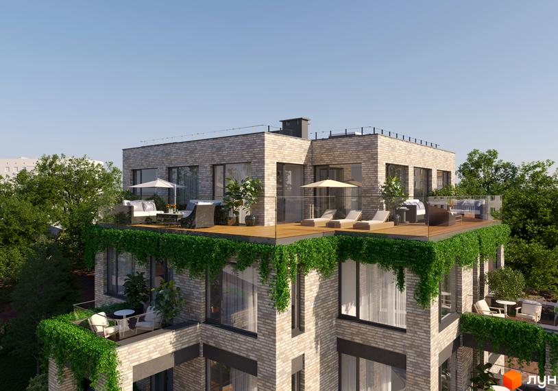 Житловий комплекс Резиденція Бойківська з цегляним фасадом, терасами та зеленню. На терасах розташовані меблі для відпочинку та парасольки.