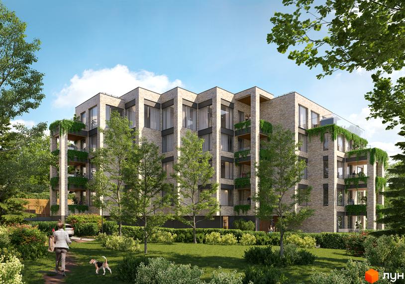 Житловий комплекс Резиденція Бойківська з цегляним фасадом та зеленими балконами, оточений деревами та газоном.