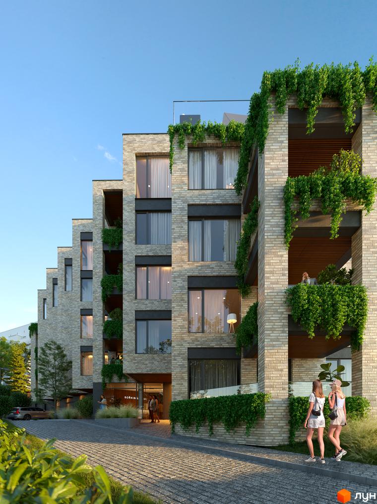 Житловий комплекс Резиденція Бойківська з цегляним фасадом, балконами з зеленню та бруківкою перед входом.