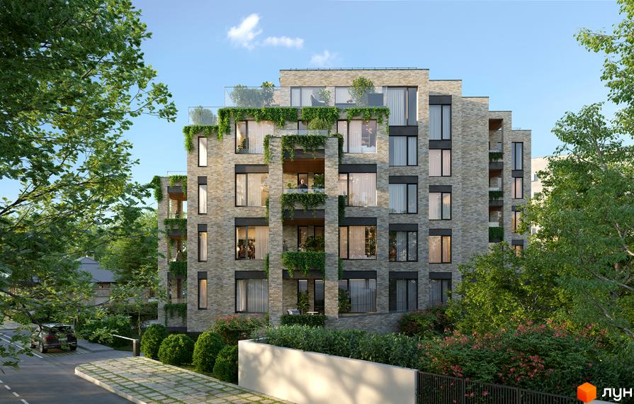 Житловий комплекс Резиденція Бойківська з фасадом з сірої цегли та зеленою рослинністю на балконах. Навколо будинку зелені дерева та кущі, а також парковка з автомобілем.