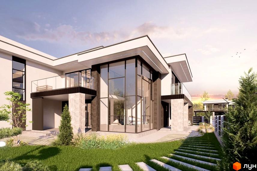 Котеджне містечко КМ Villa Crystal. Зовнішній вигляд будинку з великими вікнами та балконами, прибудинкова територія з газоном та доріжками.