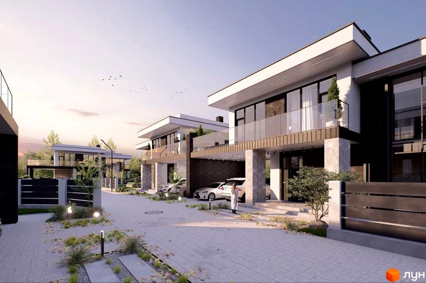 Котеджне містечко КМ Villa Crystal. Сучасні двоповерхові будинки з панорамними вікнами та балконами, розташовані на брукованій вулиці з ландшафтним дизайном.