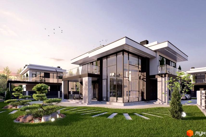 Котеджне містечко КМ Villa Crystal. Сучасний двоповерховий будинок з панорамним склінням та доглянутою прибудинковою територією з ландшафтним дизайном.