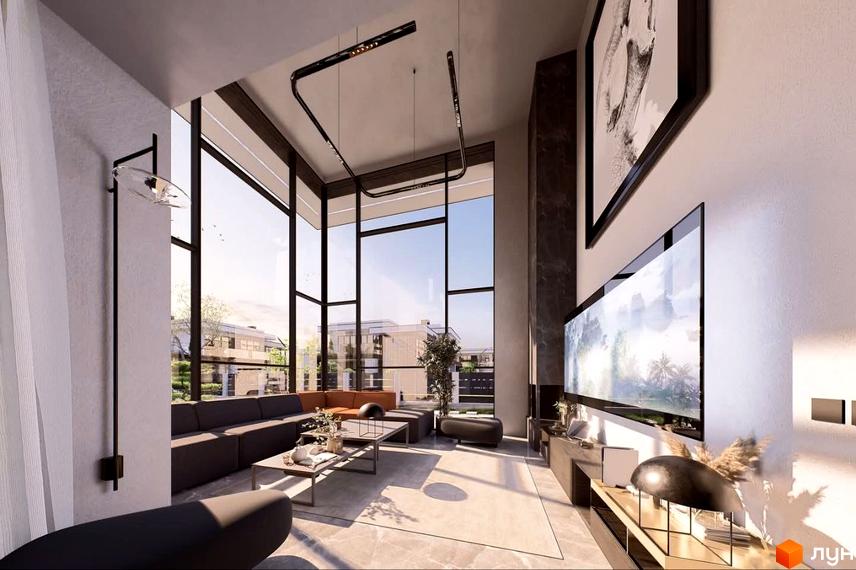 Інтер'єр вітальні в котеджному містечку КМ Villa Crystal з панорамними вікнами та сучасними меблями. Простора вітальня з великими вікнами, що виходять на зелену зону.