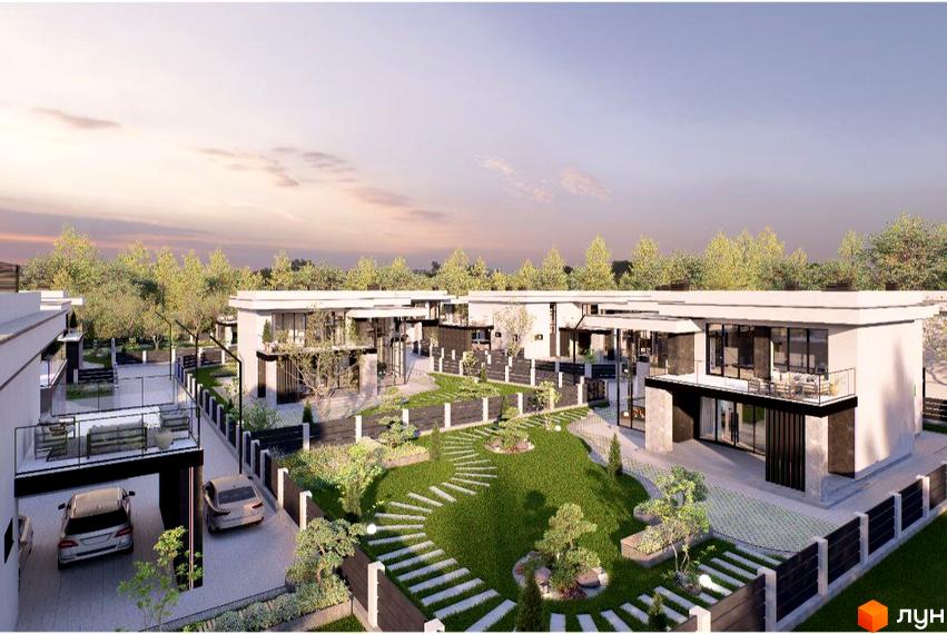 Котеджне містечко КМ Villa Crystal: двоповерхові будинки з великими вікнами та балконами, доглянута прибудинкова територія з газоном та доріжками.