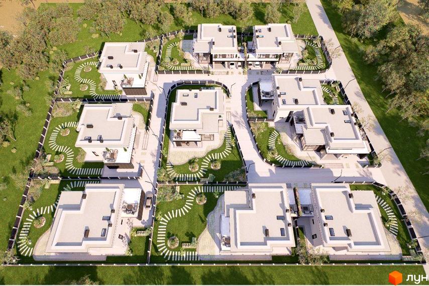 Котеджне містечко КМ Villa Crystal. Зовнішній вигляд будинків з пласкими дахами та прибудинкова територія з газоном та доріжками.
