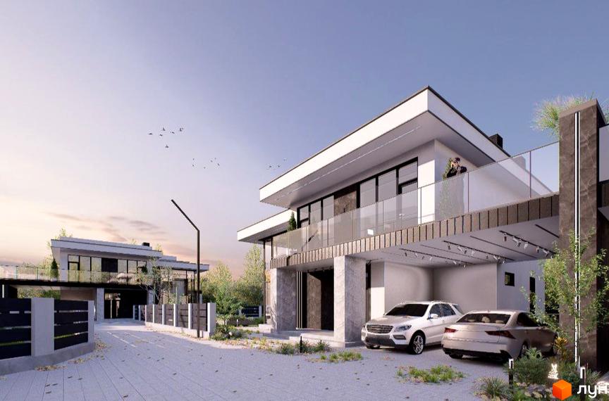 Котеджне містечко Villa Crystal з двома сучасними будинками та автомобілями на прибудинковій території. Зовнішній вигляд будинків з великими вікнами та скляними балконами.