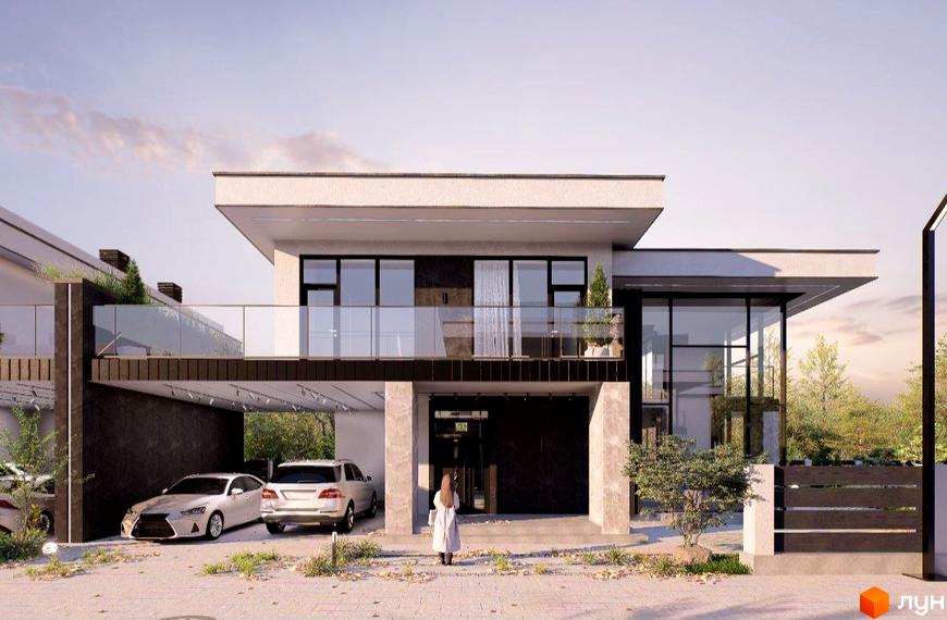 Котеджне містечко КМ Villa Crystal: двоповерховий будинок з панорамними вікнами, скляними балконами та навісом для двох автомобілів. Прибудинкова територія з деревами та огорожею.