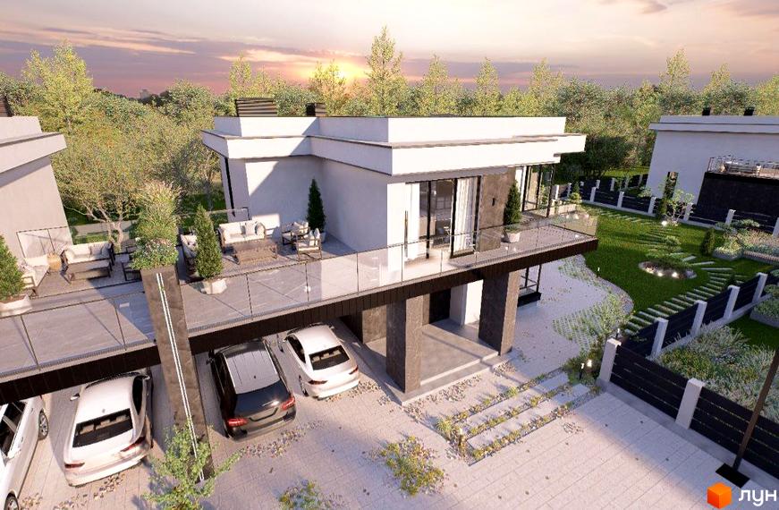 Котеджне містечко КМ Villa Crystal з сучасним дизайном та доглянутою прибудинковою територією. На зображенні видно фасад будинку, терасу з меблями та зелену зону з доріжками.