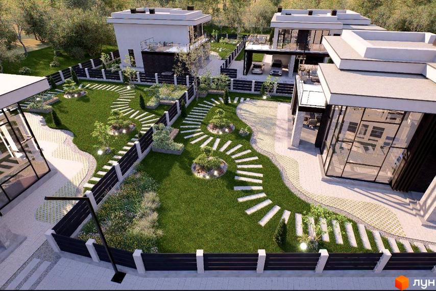 Котеджне містечко КМ Villa Crystal. Зовнішній вигляд будинків з панорамними вікнами та доглянута прибудинкова територія з доріжками та зеленими насадженнями.