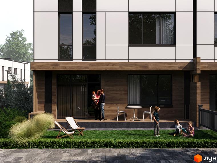 Котеджне містечко Kolibri: двоповерховий будинок з дерев'яним оздобленням фасаду та великими вікнами. На прибудинковій території зелений газон, два шезлонги та сім'я з дитиною.