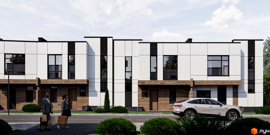 Зовнішній вигляд котеджів КМ Kolibri з білим фасадом та дерев'яними елементами, прибудинкова територія з доглянутими кущами та дорогою.