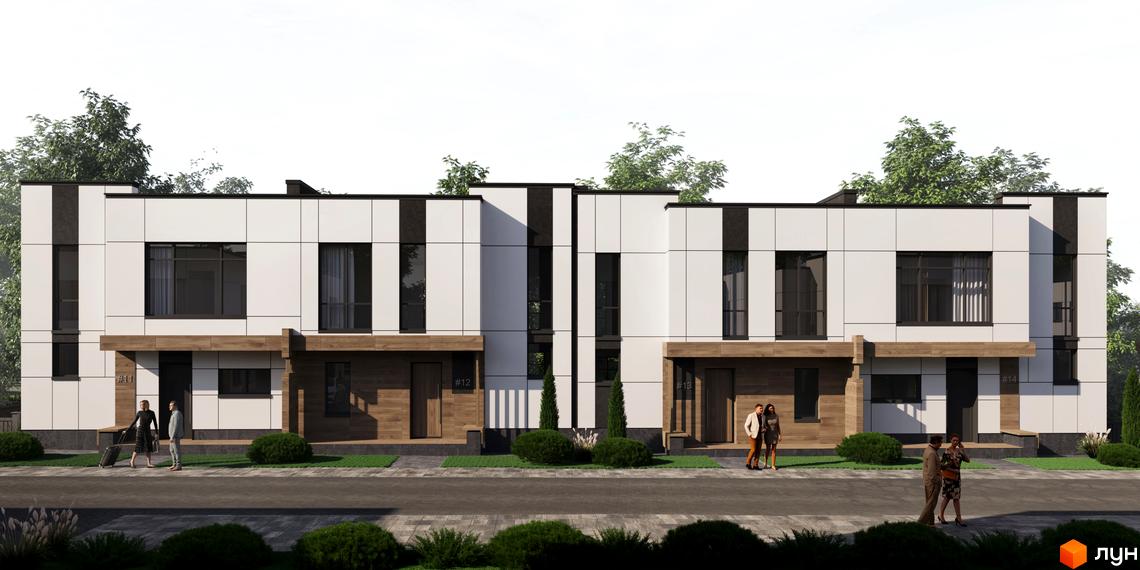 Котеджне містечко КМ Kolibri: двоповерхові будинки з білою та дерев'яною обробкою фасаду, великими вікнами та доглянутою прибудинковою територією.