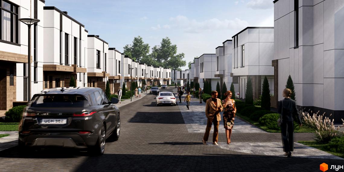 КМ Kolibri: сучасні будинки з білими фасадами та дерев'яними елементами, розташовані вздовж вулиці з пішохідними доріжками та автомобілями.
