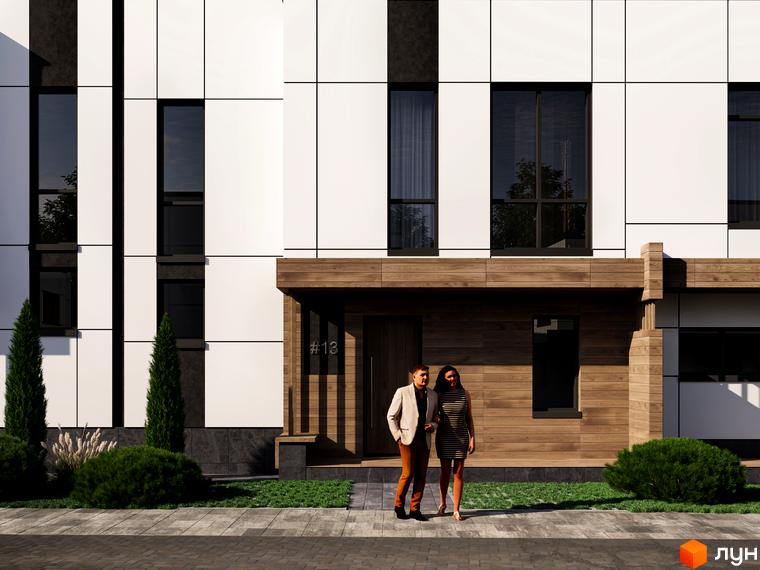 Котеджне містечко КМ Kolibri. Зовнішній вигляд будинку з білими панелями та дерев'яними елементами, прибудинкова територія з газоном та деревами.