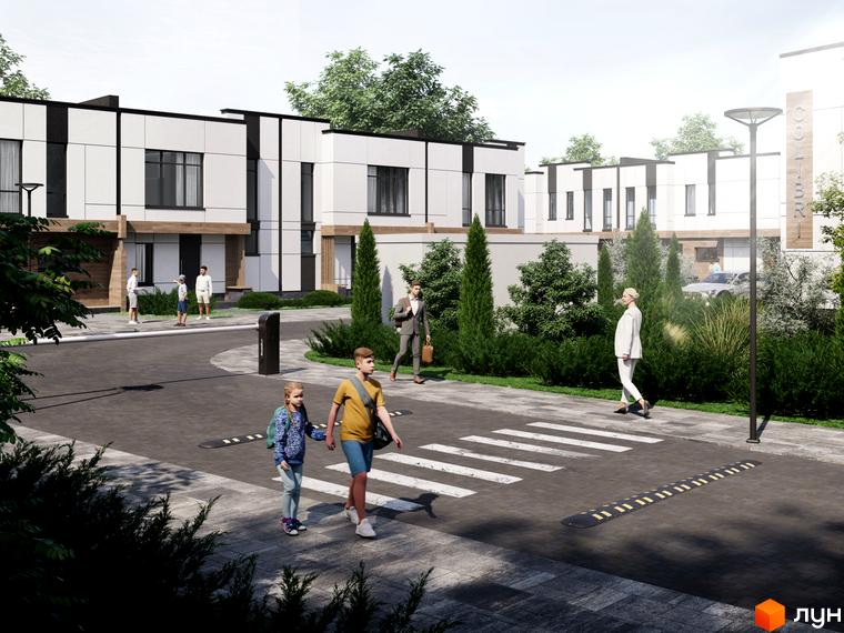 Котеджне містечко Kolibri: фасади будинків білого кольору з чорними елементами, прибудинкова територія з пішохідним переходом та зеленими насадженнями.