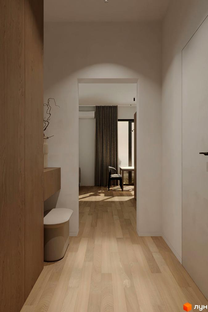 Котеджне містечко Kolibri: світлий коридор з дерев'яною обробкою та проходом до кімнати з вікном та шторами.