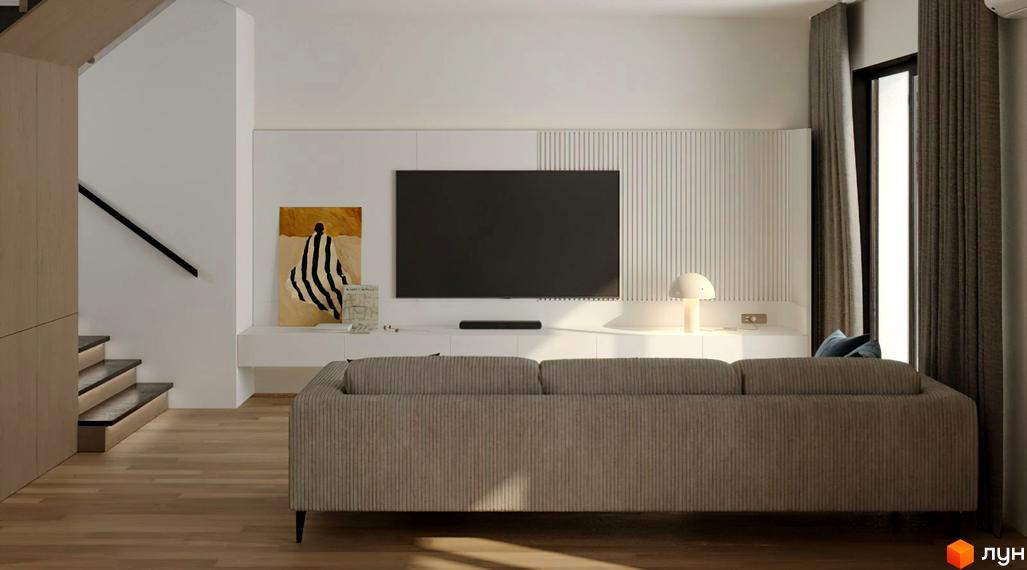 Вітальня в ЖК Kolibri з диваном, телевізором та картиною. Дизайн інтер'єру з акцентом на функціональність та мінімалізм.