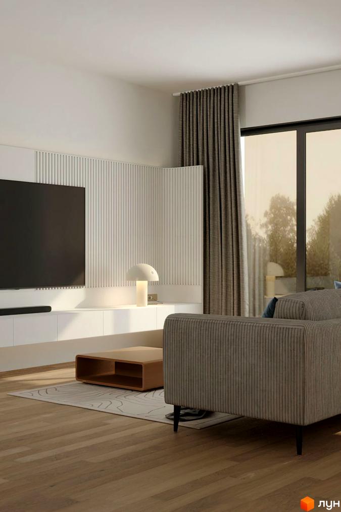 Вітальня з телевізором, диваном та кавовим столиком у світлих тонах. Сучасний дизайн інтер'єру з великим вікном та шторами.