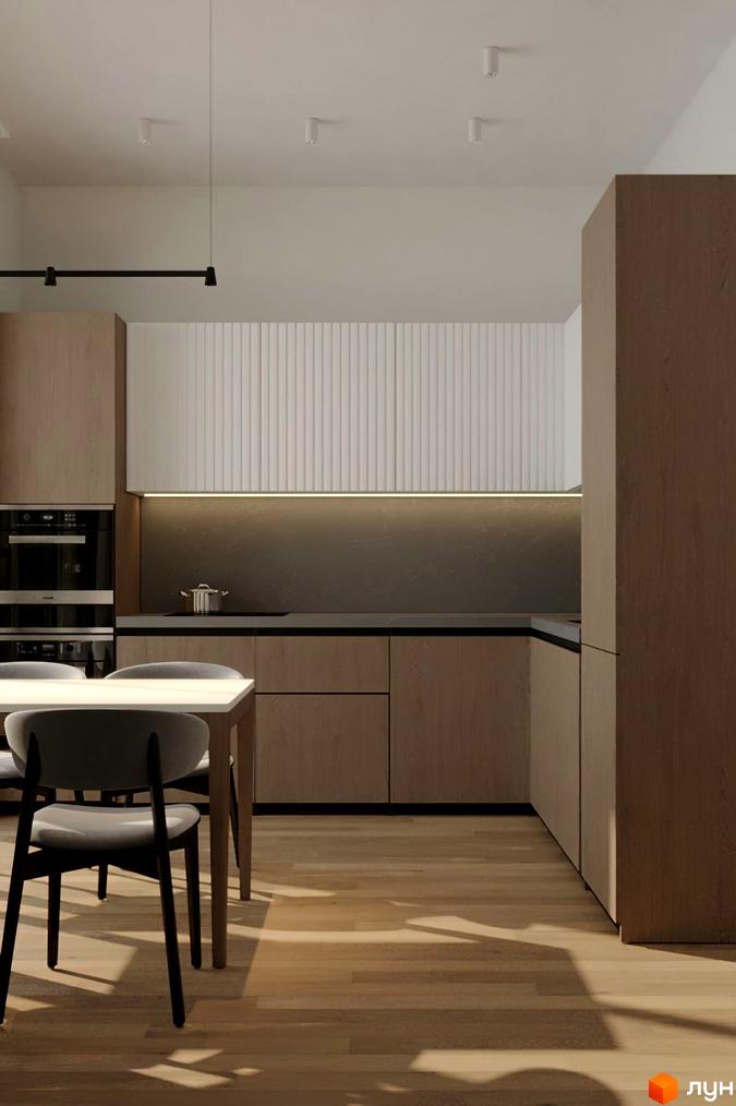 Сучасна кухня з дерев'яними фасадами та білими вертикальними панелями. Дизайн інтер'єру житлового комплексу КМ Kolibri.