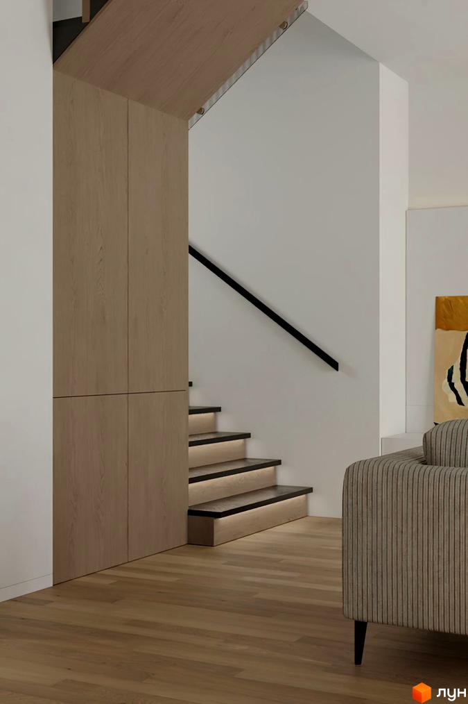 Дизайн інтер'єру з дерев'яними елементами та сходами з підсвіткою. Сучасний житловий комплекс КМ Kolibri.