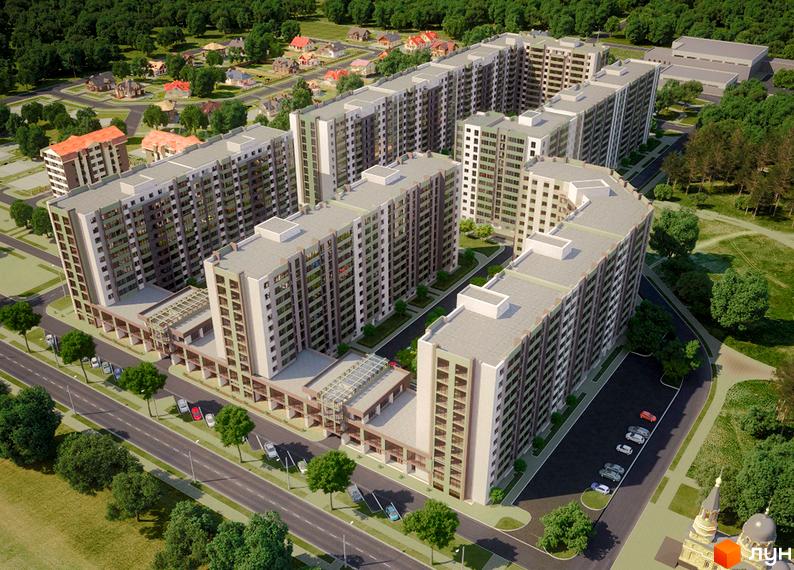 Зовнішній вигляд житлового комплексу Софіївський квартал з довгими корпусами та прибудинковою територією з парковкою та деревами. Фото новобудови.