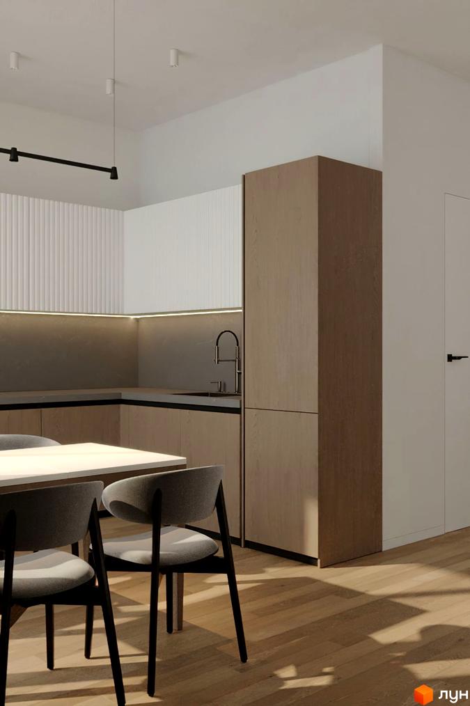 Інтер'єр кухні з дерев'яними фасадами, сірими стільцями та столом. Сучасний дизайн кухні в новобудові.