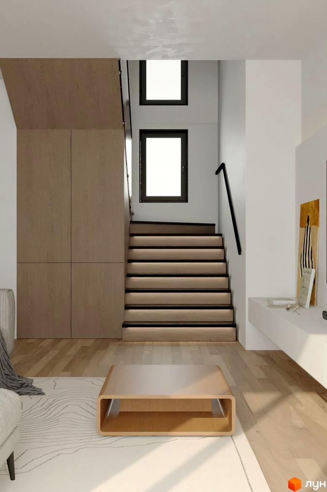 Інтер'єр будинку в житловому комплексі КМ Kolibri з дерев'яними панелями та сходами з підсвіткою. Сучасний дизайн вітальні з кавовим столиком та килимом.