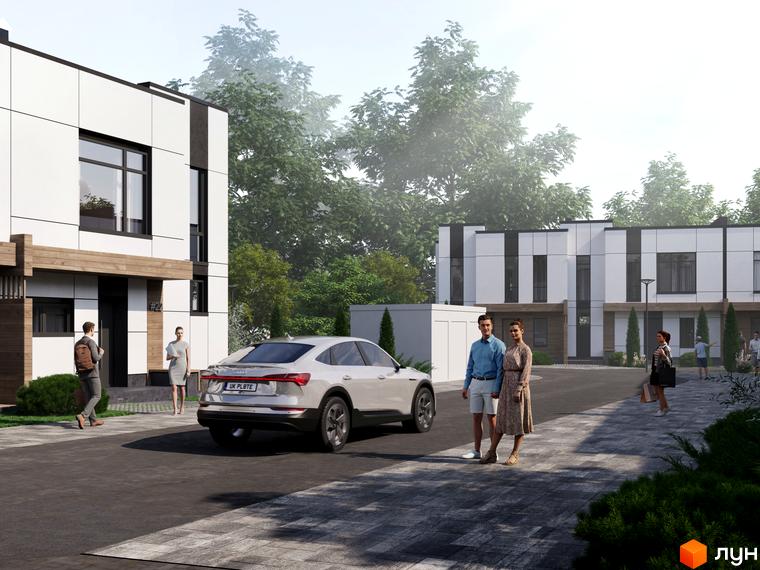 Котеджне містечко КМ Kolibri: фасади будівель з білими та чорними панелями, прибудинкова територія з доріжками та зеленню.