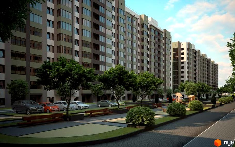 Житловий комплекс Софіївський квартал на вул. Ак. Шалімова. Сучасна архітектура будинків та доглянута прибудинкова територія з деревами та місцями для відпочинку.