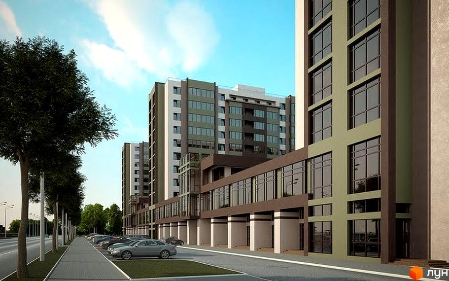 Зовнішній вигляд новобудови ЖК Софіївський квартал на вул. Ак. Шалімова. Парковка та зелена зона біля будинку.