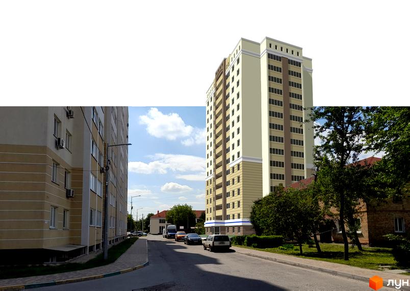 Зовнішній вигляд новобудови ЖК Новосілки 2 з фасадом світло-бежевого кольору та прибудинковою територією з деревами та дорогою.