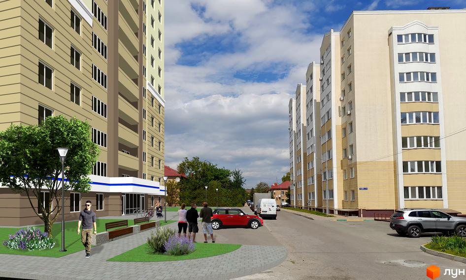 Зовнішній вигляд ЖК Новосілки 2: багатоповерхові будинки світло-бежевого кольору з білими елементами, зелена прибудинкова територія з деревами та квітами.