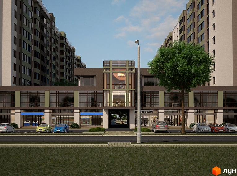 Зовнішній вигляд новобудови ЖК Софіївський квартал (вул. Ак. Шалімова) з магазинами на першому поверсі та паркуванням. Навколо будівлі розташована зелена зона та дерева.