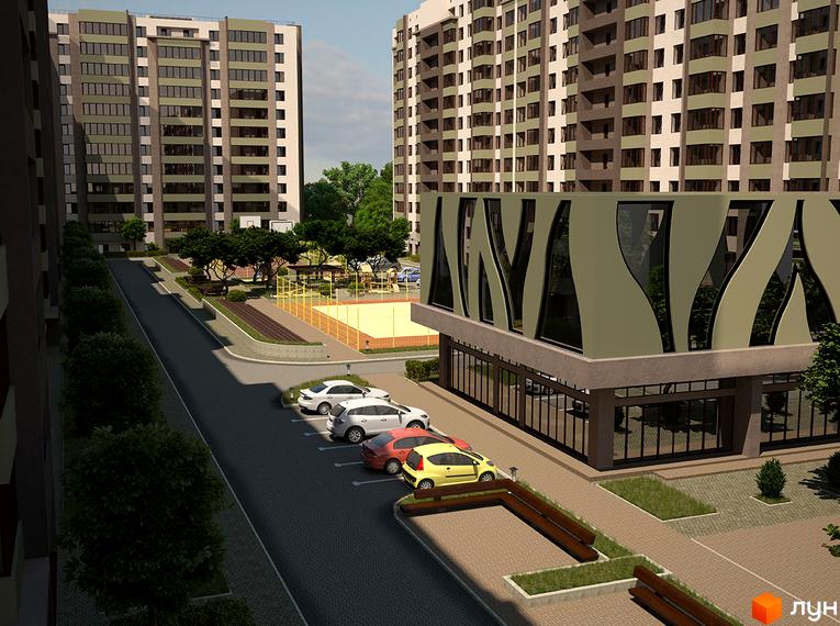 Зовнішній вигляд ЖК Софіївський квартал з багатоповерховими будинками та прибудинковою територією з дитячим майданчиком та парковкою. Опис новобудови на вулиці Ак. Шалімова.