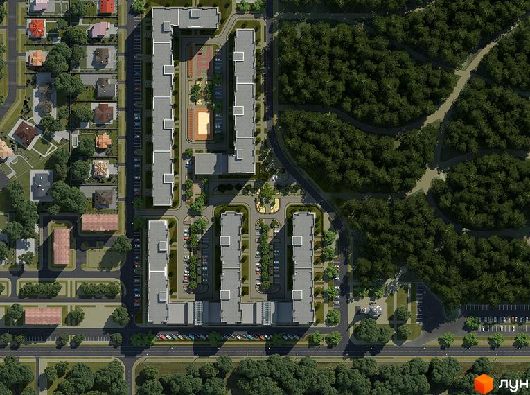 Вид зверху на житловий комплекс Софіївський квартал з багатоповерховими будинками та прибудинковою територією з дитячими майданчиками та парковками. Навколо комплексу зелені насадження та ліс.