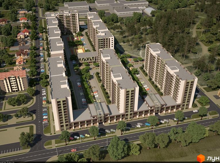 Зовнішній вигляд житлового комплексу Софіївський квартал з висоти пташиного польоту. На зображенні видно багатоповерхові будинки, паркінг та прибудинкову територію з деревами та місцями для паркування.