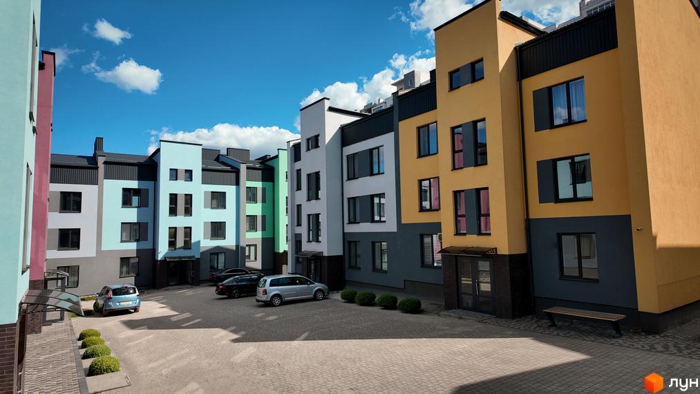 Житловий комплекс Вілла Італія - це багатоповерхові будинки з яскравими фасадами та прибудинковою територією з парковкою та зеленими насадженнями.