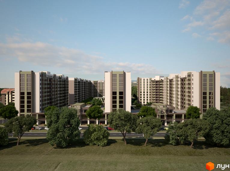 Зовнішній вигляд житлового комплексу Софіївський квартал з багатоповерховими будинками та прибудинковою територією з деревами та дорогою. Новобудова на вулиці Ак. Шалімова.