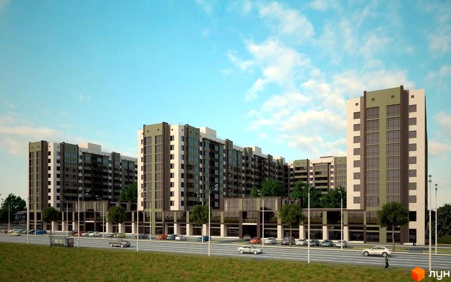 Житловий комплекс Софіївський квартал на вул. Ак. Шалімова. Багатоповерхові будинки з сіро-зеленими фасадами, паркування та зелена зона перед комплексом.