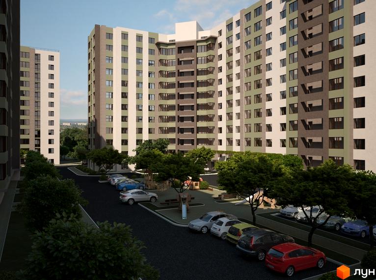 Зовнішній вигляд житлового комплексу Софіївський квартал з багатоповерховими будинками та прибудинковою територією з парковкою та зеленими насадженнями. Опис новобудови на вул. Ак. Шалімова.