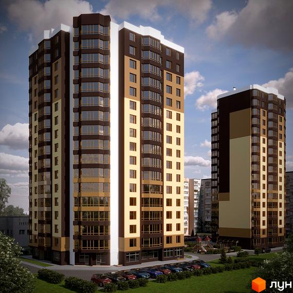 Двоповерхові будинки з коричневими та бежевими фасадами, великою кількістю вікон, на тлі хмарного неба. На передньому плані зелений газон з кущами та припаркованими автомобілями.