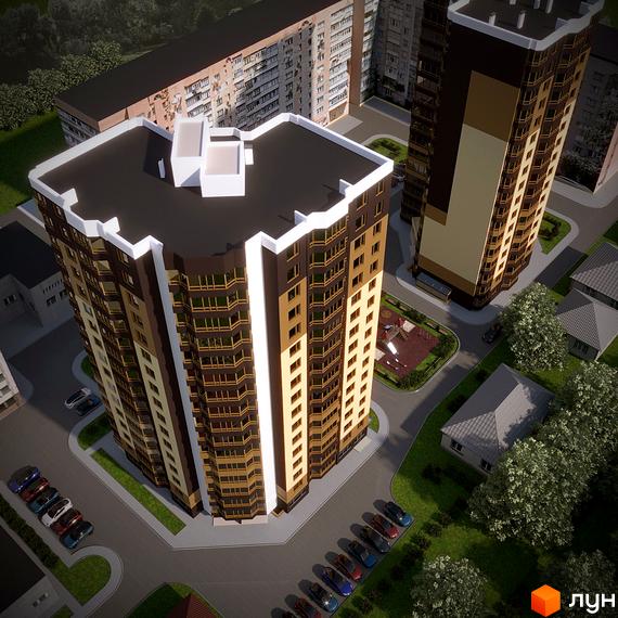 Вид на новобудову з коричнево-бежевим фасадом та численними балконами, що оточена зеленою зоною з дитячим майданчиком та парковкою.